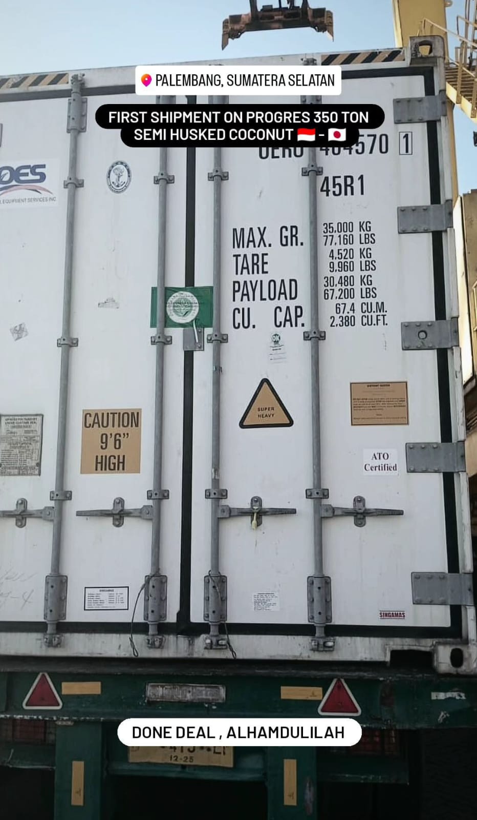 First shipment of 350 tons of semi-husked coconuts to Japan